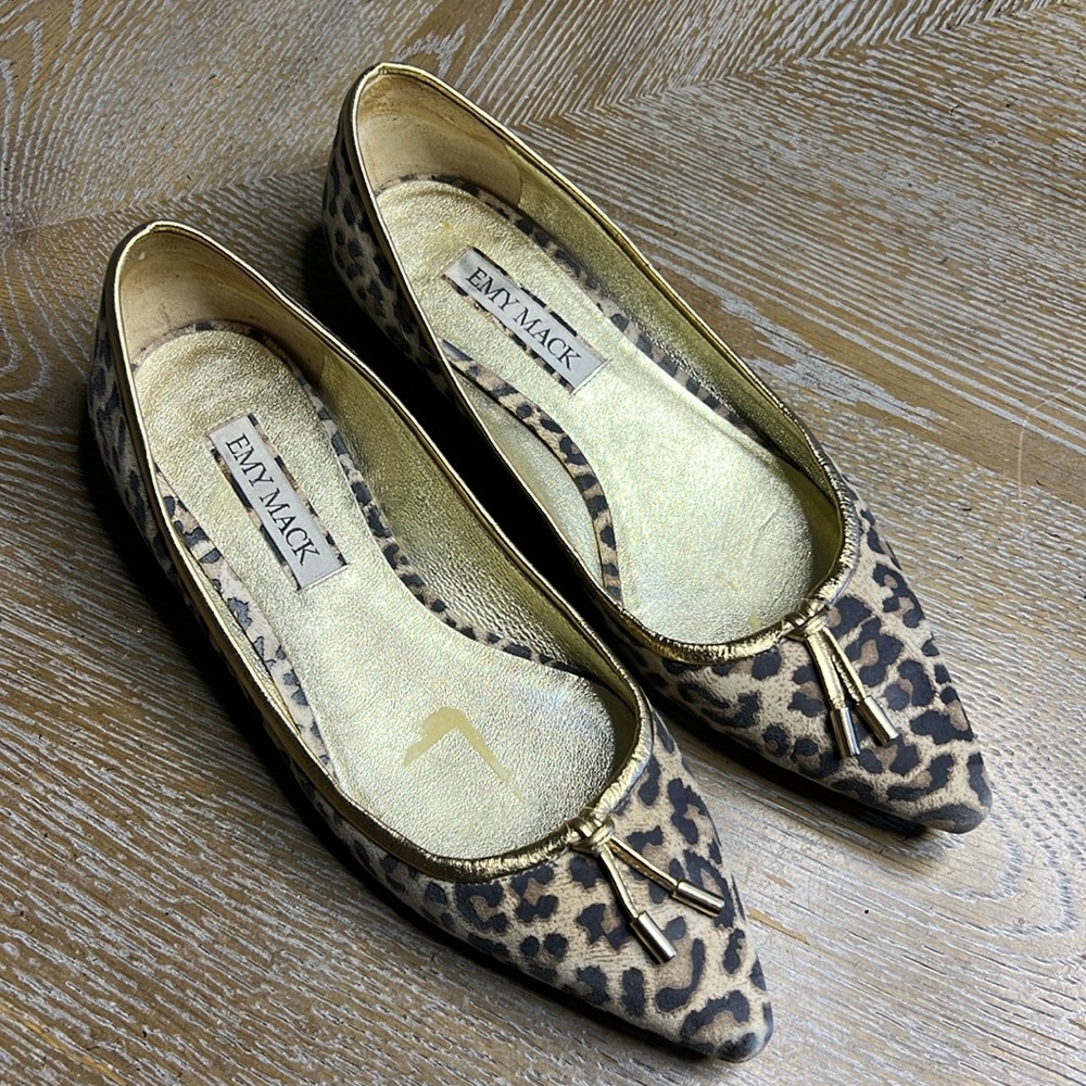 EMY MACK Leopard Leather Gold Pointy Flats 6